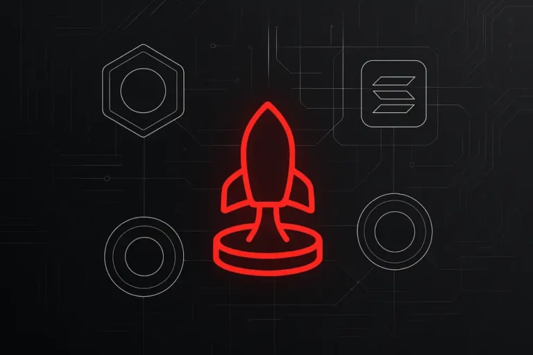A high-contrast schematic of PumpFun’s launchpad with digital tokens and Solana logo elements.
